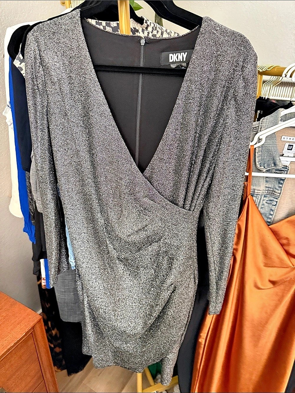 DKNY Metallic Faux-Wrap Long Sleeve Mini Dress Size 8